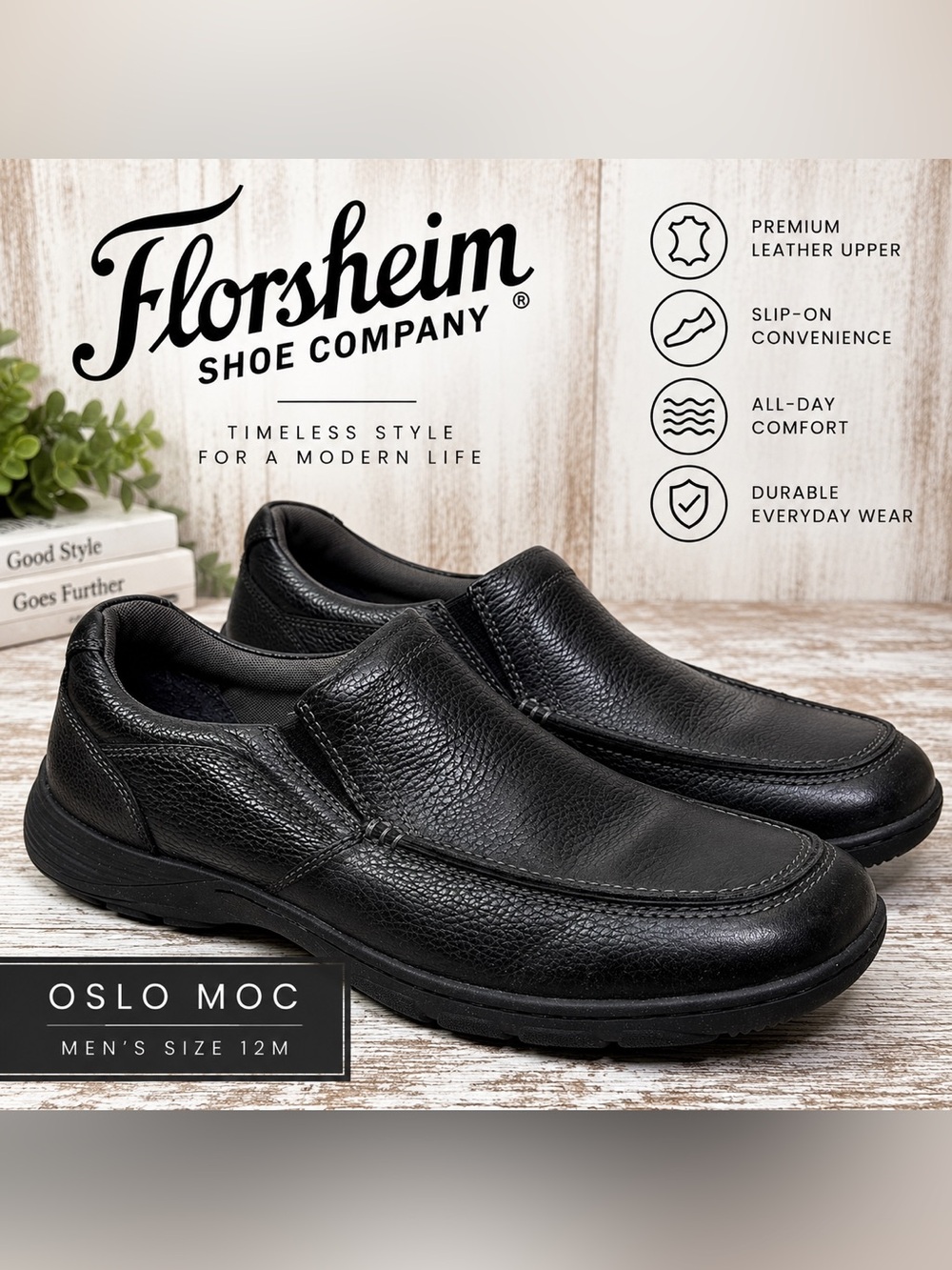 Florsheim Oslo Moc Slip-On Shoes Men’s Size 12M Black Leather Loafers